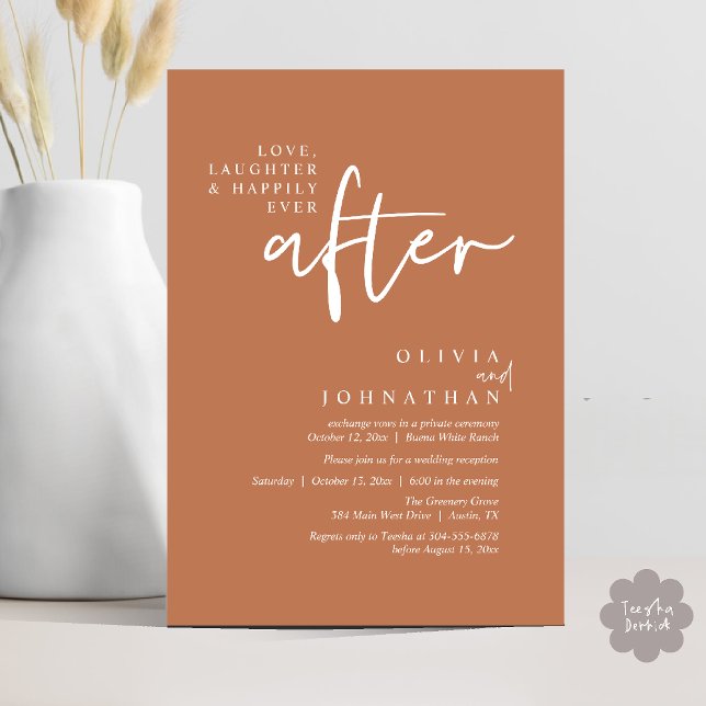 Convite Amor, Rir E Feliz Sempre Após A Recepção (Love, Laughter And Happily Ever After Reception Modern Minimalist Invitation Card PDF Copper Brown)