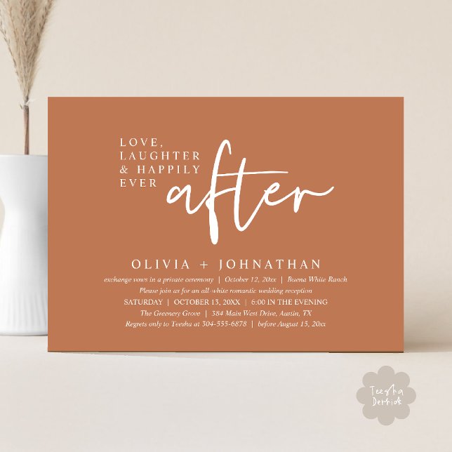 Convite Amor, Rir E Feliz Sempre Após A Recepção (Love, Laughter And Happily Ever After Reception Modern Minimalist Invitation Card PDF Copper Brown)