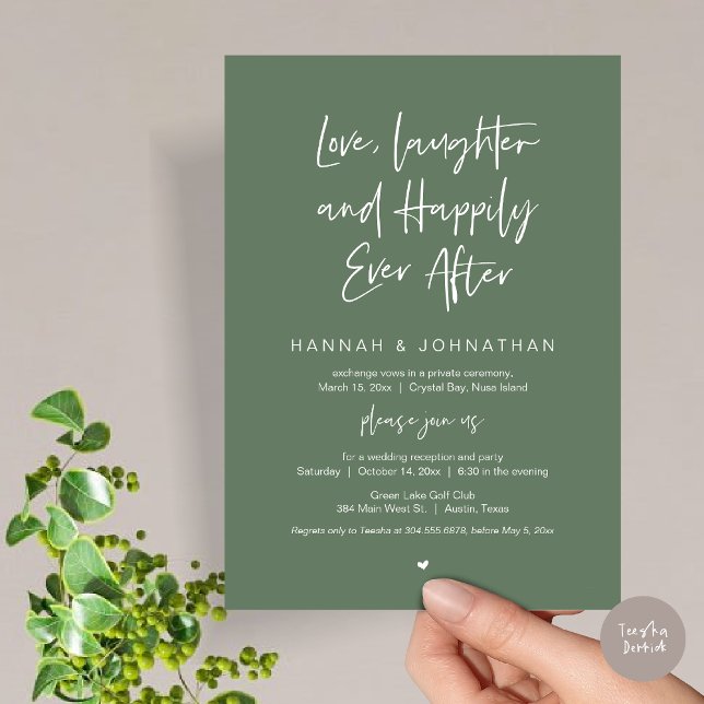 Convite Amor, Rir, Negro, Festa de Elopemento de Casamento (Love Laughter Happily Ever After Wedding Elopement Dinner Party Invitation Card, PDF, Sage Green)