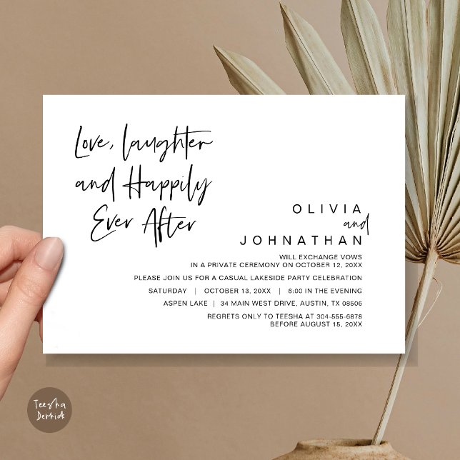 Convite Amor, risadas e felicidade para sempre, fuga (Love, Laughter and Happily ever after, Modern Wedding Elopement Invitation Card, PDF, in Black)