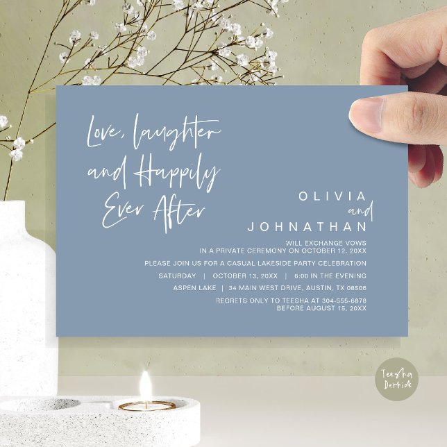 Convite Amor, riso e alegria para sempre, Elopement I (Love, Laughter and Happily Ever After, Wedding Elopement Dinner Invitation Card, in Dusty Blue)