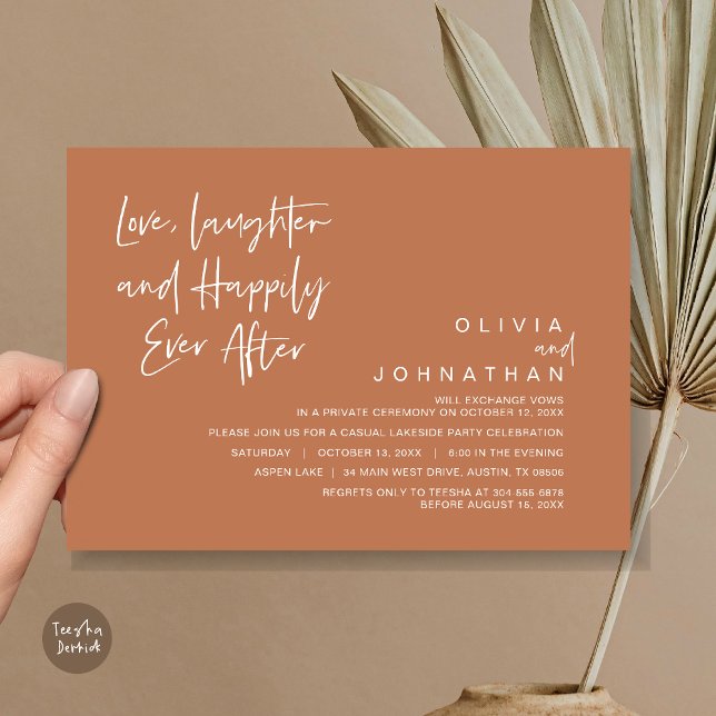 Convite Amor, riso e alegria para sempre, Elopement I (Love, Laughter and Happily Ever After, Wedding Elopement Dinner Invitation Card, in Copper Brown)