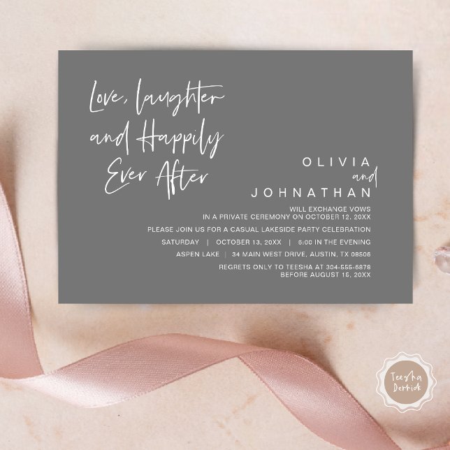 Convite Amor, riso e alegria para sempre, Elopement I (Love, Laughter and Happily Ever After, Wedding Elopement Dinner Invitation Card, in Dark Grey)