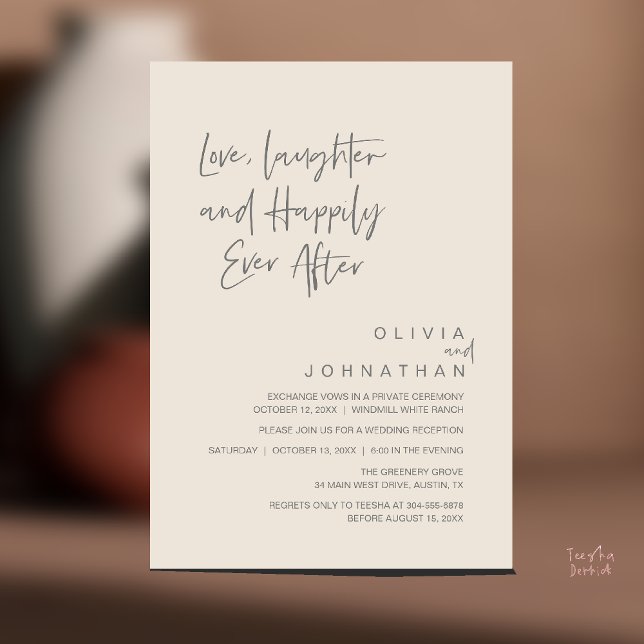 Convite Amor, riso e alegria para sempre, moderno (Love, Laughter and Happily Ever After, Modern Boho Wedding Invitation Card PDF Cream Grey)