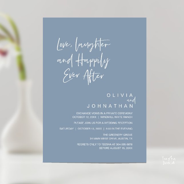 Convite Amor, riso e alegria para sempre, moderno (Love, Laughter and Happily Ever After, Modern Boho Wedding Invitation Card PDF Dusty Blue)