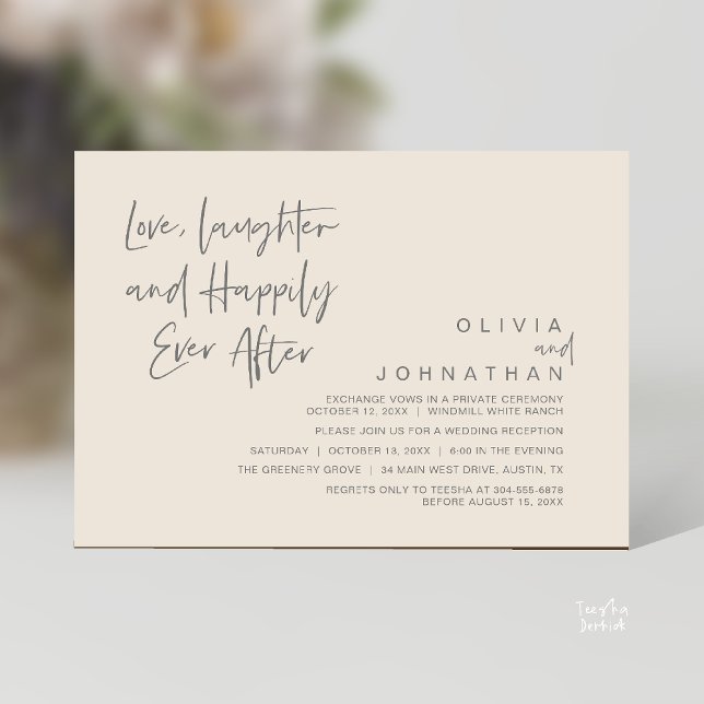 Convite Amor, riso e alegria para sempre, moderno (Love, Laughter and Happily Ever After, Modern Boho Wedding Invitation Card PDF Cream Grey)