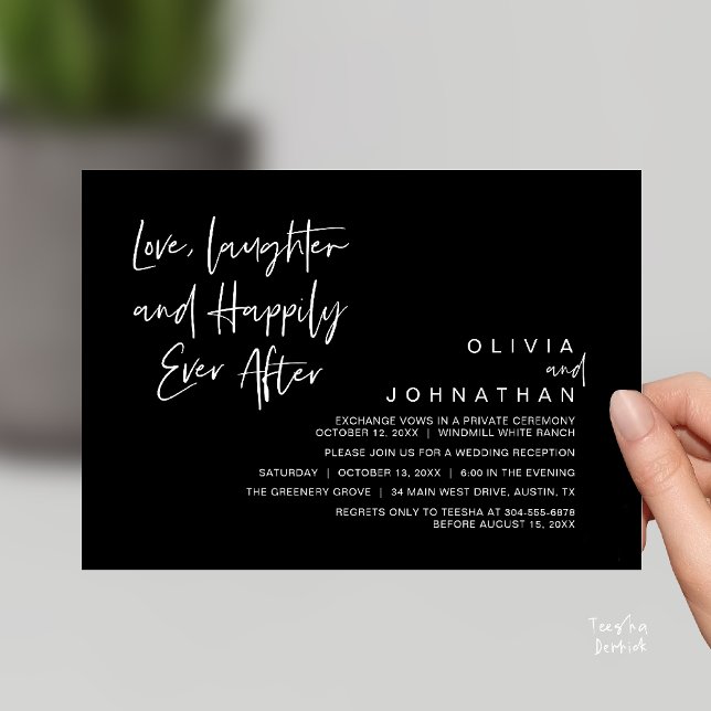 Convite Amor, riso e alegria para sempre, moderno (Love, Laughter and Happily Ever After, Modern Boho Wedding Invitation Card PDF Black White)
