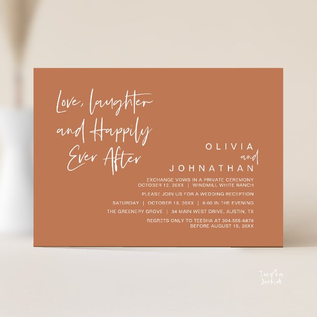 Convite Amor, riso e alegria para sempre, moderno (Love, Laughter and Happily Ever After, Modern Boho Wedding Invites Card PDF Brown Copper Terracotta)