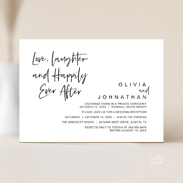 Convite Amor, riso e alegria para sempre, moderno (Love, Laughter and Happily Ever After, Modern Boho Wedding Invitation Card PDF Black White)