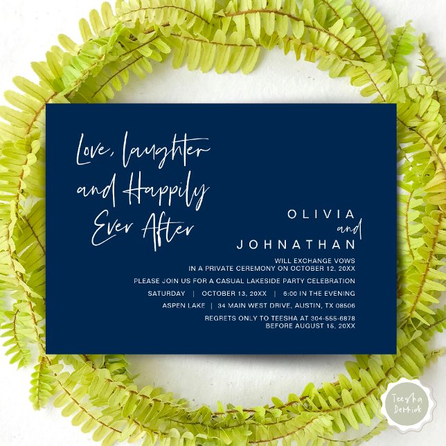 Convite Amor, Riso e Felicidade para Sempre, Fuga Romântic (Love, Laughter and Happily ever after, Modern Wedding Elopement Invitation Card, PDF, in Navy Blue)