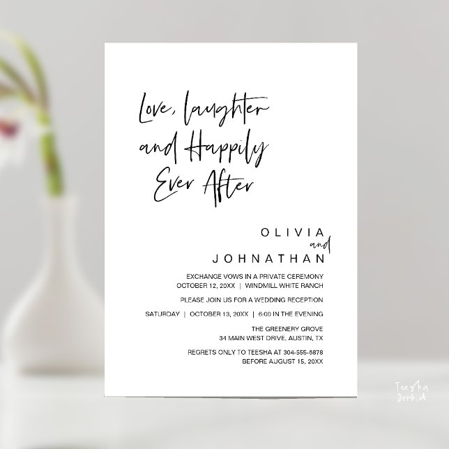 Convite Amor, Riso e Felizes para Sempre, Moderno (Love, Laughter and Happily Ever After, Modern Boho Wedding Invitation Card PDF Black White)