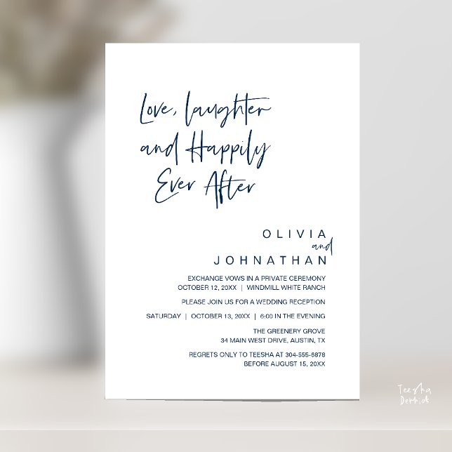 Convite Amor, Riso e Felizes para Sempre, Moderno (Love, Laughter and Happily Ever After, Modern Boho Wedding Invites Card PDF Navy Blue)
