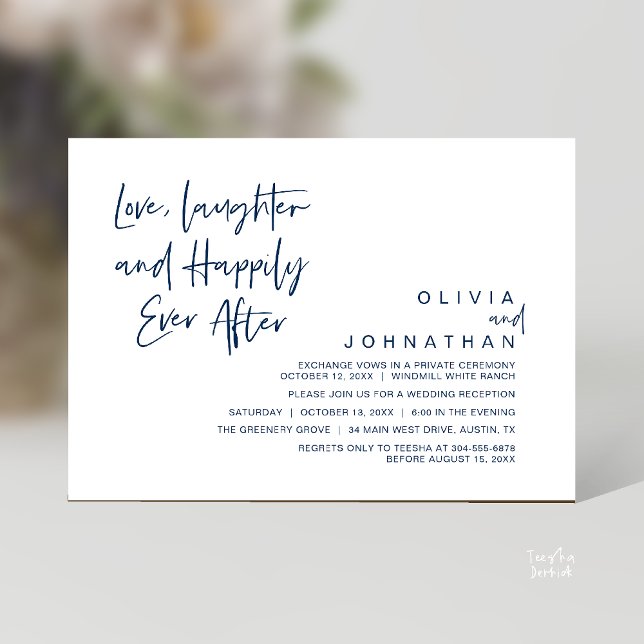 Convite Amor, Riso e Felizes para Sempre, Moderno (Love, Laughter and Happily Ever After, Modern Boho Wedding Invites Card PDF Navy Blue)