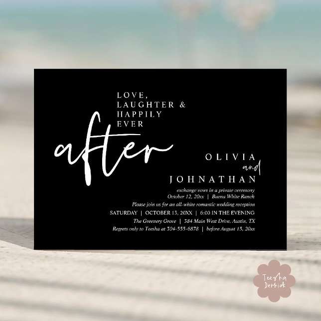 Convite Amor, Riso E Recepção Feliz Para Sempre (Love, Laughter And Happily Ever After Reception Modern Minimalist Invitation Card PDF Classy Black)