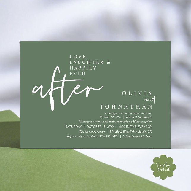 Convite Amor, Riso E Recepção Feliz Para Sempre (Love, Laughter And Happily Ever After Reception Modern Minimalist Invitation Card PDF Sage Green)