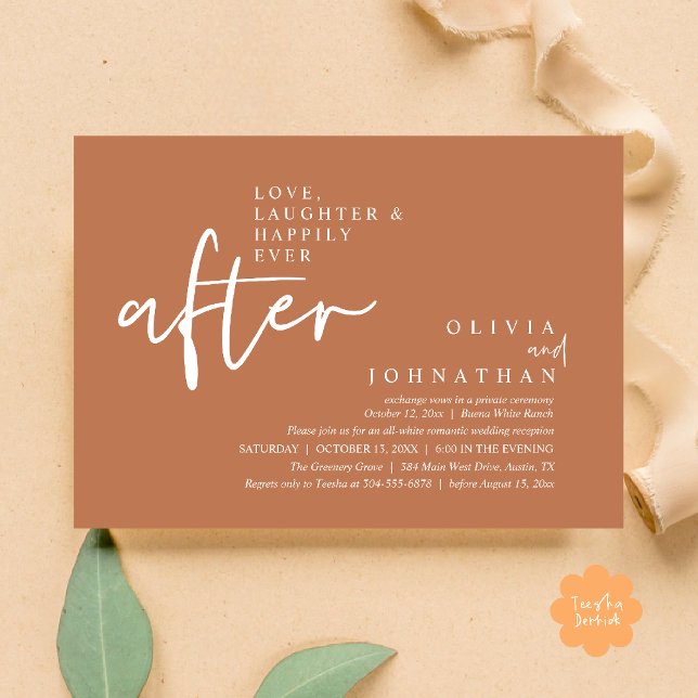 Convite Amor, Riso E Recepção Felizes Para Sempre (Love, Laughter And Happily Ever After Reception Modern Minimalist Invitation Card PDF Copper Brown)