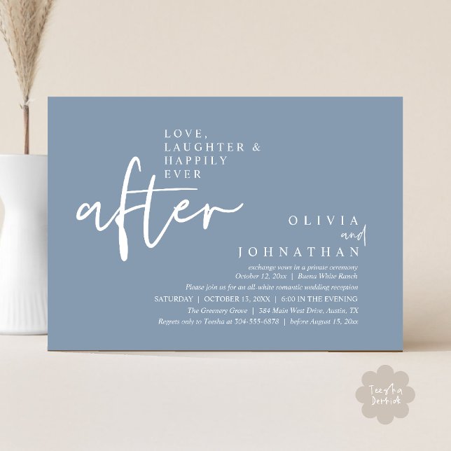 Convite Amor, Riso E Recepção Felizes Para Sempre (Love, Laughter And Happily Ever After Reception Modern Minimalist Invitation Card PDF Dusty Blue)