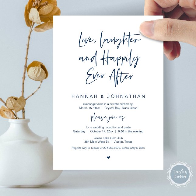Convite Amor, Risos, Azul Marinho, Festa de Casamento Ínti (Love Laughter Happily Ever After Wedding Elopement Dinner Party Invitation Card, PDF, Navy Blue)