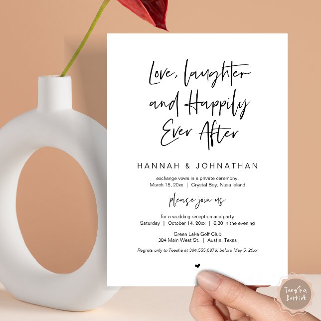 Convite Amor, Risos, Preto, Festa de Casamento Intimo (Love Laughter Happily Ever After Wedding Elopement Dinner Party Invitation Card, PDF, White Black)