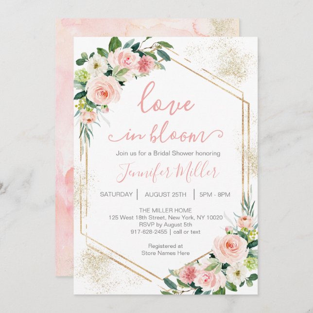 Convite Amor Rosa Esbranquiçado Em Chá de panela Floral De (Frente/Verso)