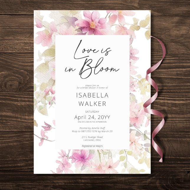 Convite Amor Rosa Romântico Em Chá de panela Floral De San (Romantic Pink Love In Bloom Floral Bridal Shower Invitation)