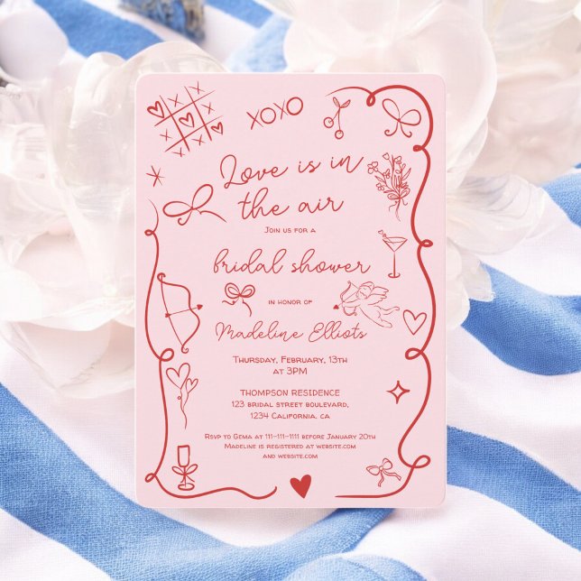 Convite Amor Rosa Vermelho no chá de panela aéreo (Retro Red Pink Love in the air bridal shower Invitation)