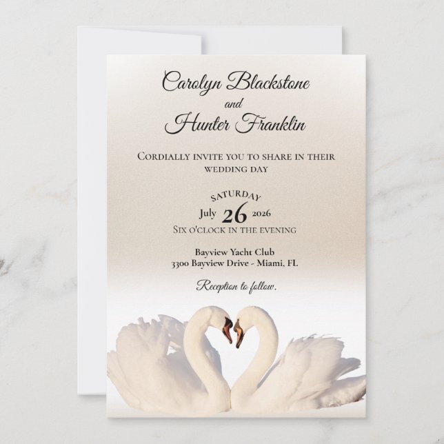 Convite Amor Swans em Casamento Branco e Creme (Frente)