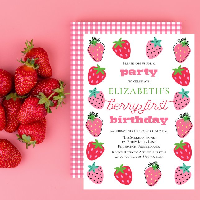 Convite Amoras Mortas - Primeira Festa de aniversário de B (Cute Strawberries Girl's "Berry First Birthday" Birthday Party Invitation)