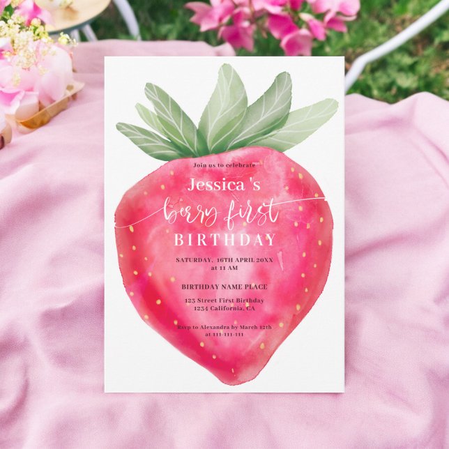 Convite Amoreira branca de primeiro aniversário com aquare (Cute berry first birthday watercolor strawberry invitation)