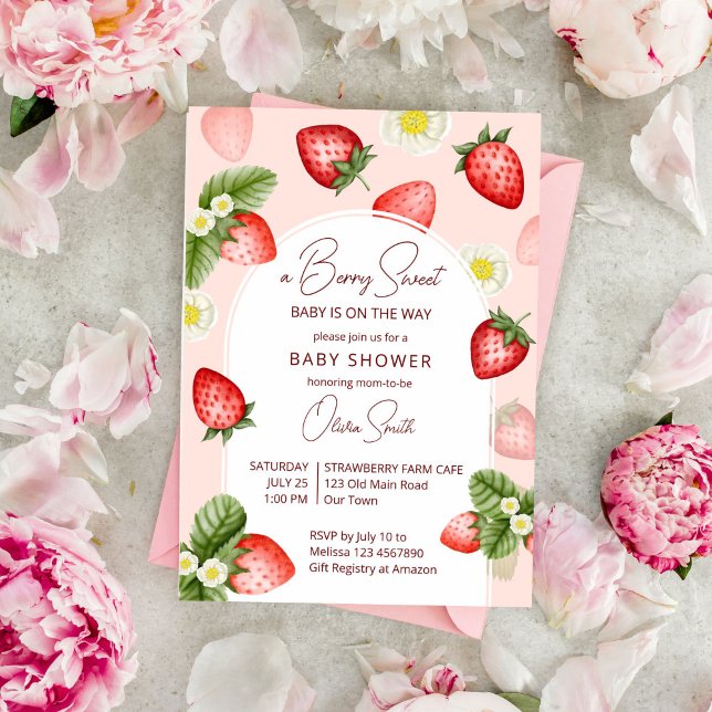 Convite Amoreira de morango (Berry sweet strawberry baby shower invitation template instant download strawberry arch watercolor)