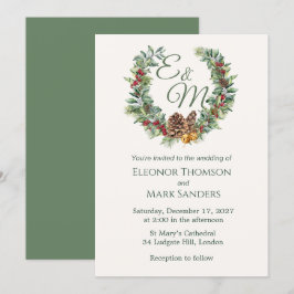 Convite Amoreira de Natal, monograma de wreath de pinheiro