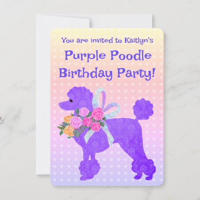 Convite Amostra de Aniversário de Raparigas de Poodle Roxo (Frente)