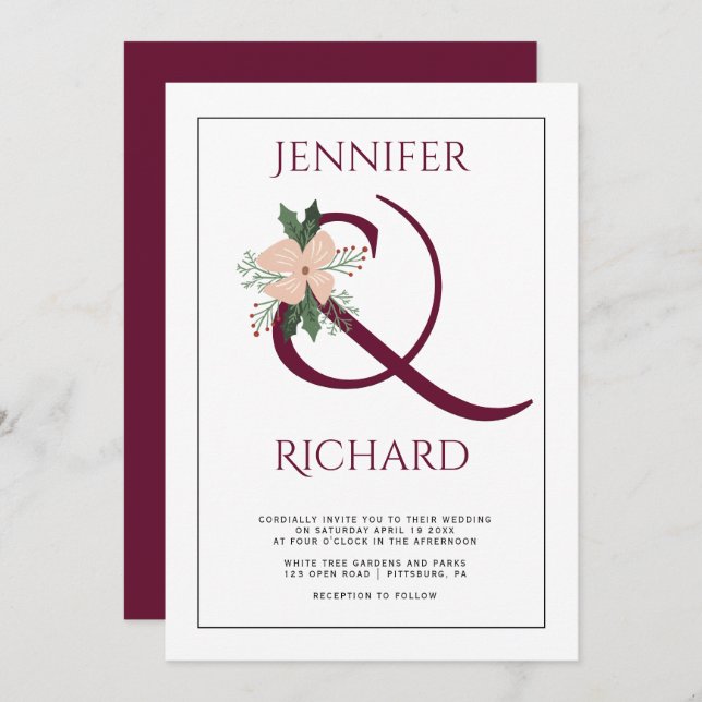 Convite Ampersand burgundy elegante e casamento floral ros (Frente/Verso)