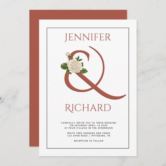 Convite Ampersand Elegante de terracotta, casamento de ros (Frente/Verso)