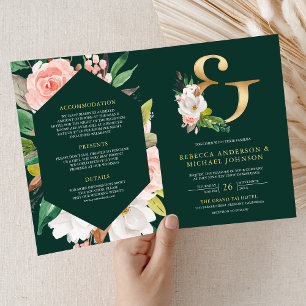 Convite Ampersand Floral Rosa Código QR Esmeralda Casament