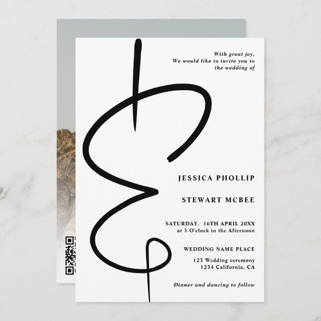 Convite Ampersand foto moderna caligrafia Qr code casament (Frente/Verso)