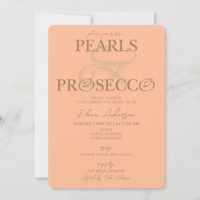 Convite Ampersand Peach Fuzz Pearls Chá de panela Prosecco (Frente)