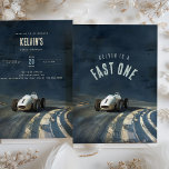 Convite Ampliando Em Um: Vintage Race Car Aniversário<br><div class="desc">Prepare-se para entrar em um memorável primeiro aniversário com nosso Vintage Race Car Birthday Invitation! Este convite de dois lados apresenta um carro de corrida elegante e clássico a aproximar-se de uma faixa texturizada, deixando uma trilha de entusiasmo. A frente mostra uma ousada declaração de velocidade com a frase "[Name]...</div>