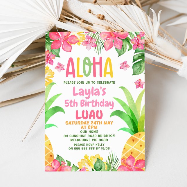 Convite Ananás Floral Rosa Aloha Luau Aloha Aniversário (Aloha Luau Birthday Invitation, Hawaiian birthday invite, Pineapple Birthday Invitation,
Summer)