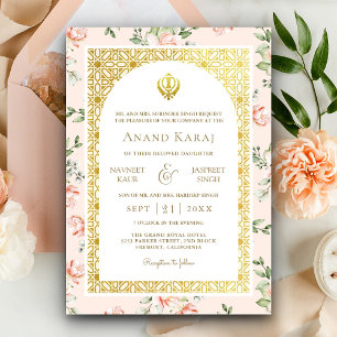 Convite Anand Karaj Floral de Pêssego Casamento Sikh Punja
