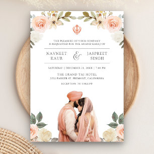 Convite Anand Karaj Floral de Pêssego Suave Casamento Sikh