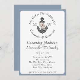 Convite Anchor Floral Náutico Casamento Dusty Azul