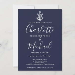 Convite Âncora Azul-Marinho Código QR Casamento Náutico