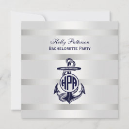 Convite Âncora Azul Prata Branco Marinho Monograma Círculo