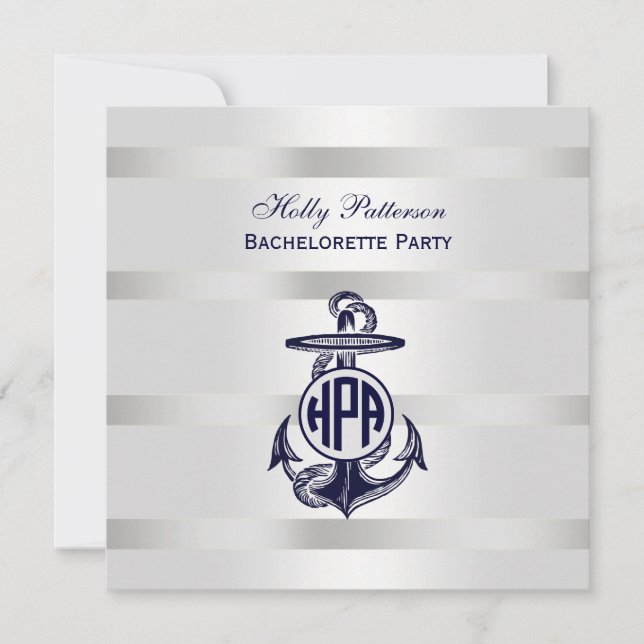 Convite Âncora Azul Prata Branco Marinho Monograma Círculo (Frente)
