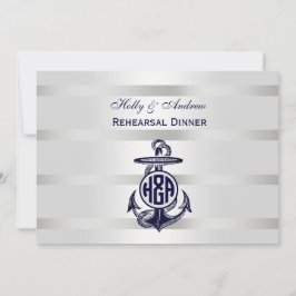 Convite Âncora Azul Prata Branco Marinho Monograma Círculo