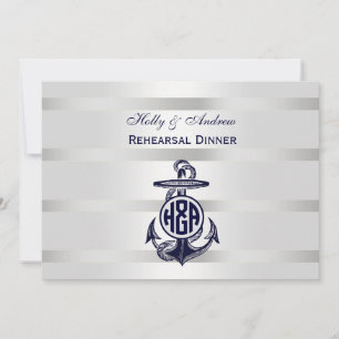 Convite Âncora Azul Prata Branco Marinho Monograma Círculo