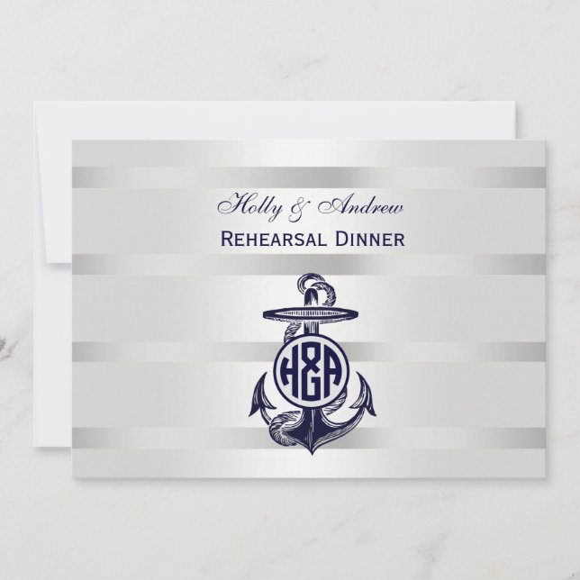 Convite Âncora Azul Prata Branco Marinho Monograma Círculo (Frente)
