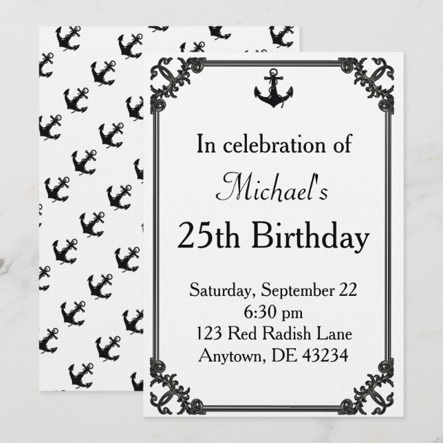 Convite Âncora de Barco Preta de Aniversário (Frente/Verso)