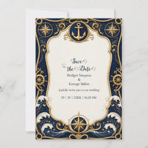 Convite Âncora de Casamento Náutico Luxo Navy Dourado